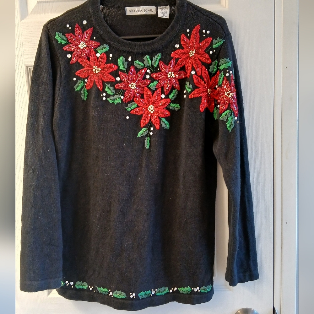 Victoria Jones Holiday Sweater – Size M – Black with Beaded Poinsettias